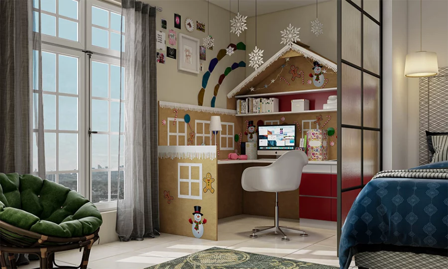 Дизайн кабинета для девочки в спальне с пряничной тематикой и стеклянной перегородкой — самый милый уголок для учебы.