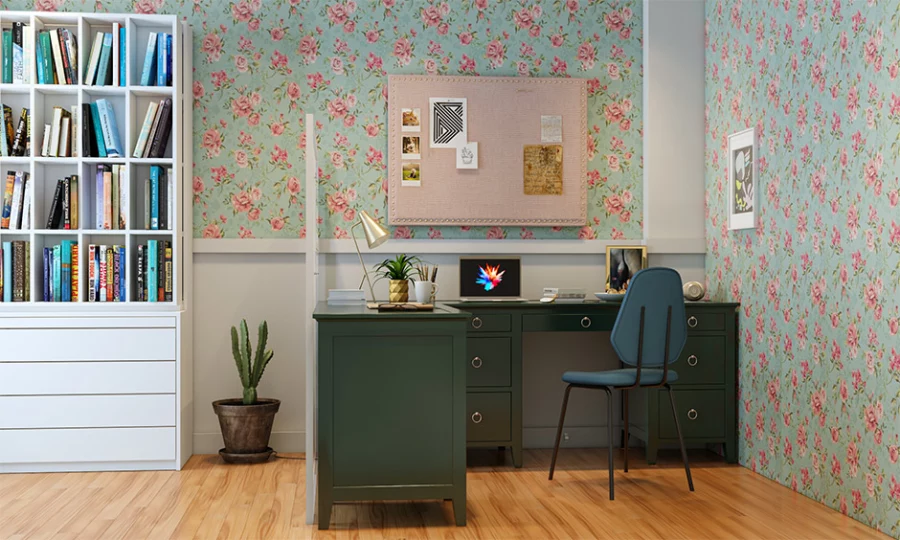 Дизайн кабинета для девочки. Комната, оформленная обоями с цветочным рисунком и зеленым Г-образным столом, представляет собой удобный учебный уголок без беспорядка.