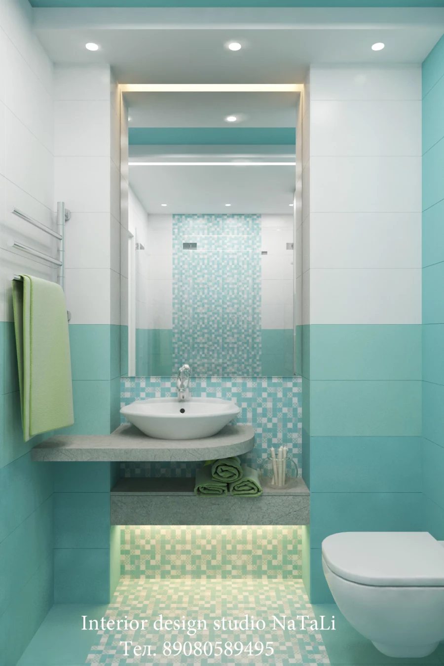 Дизайн интерьера ванной комнаты в бирюзовом цвете