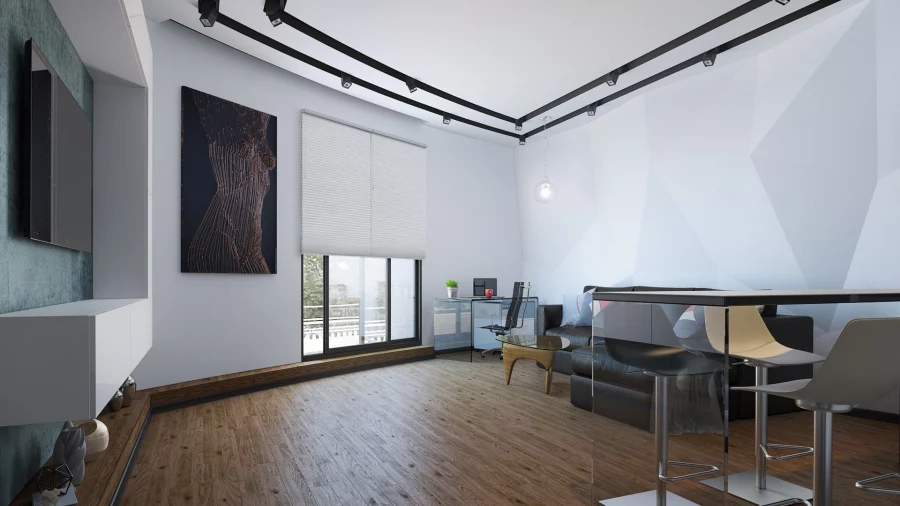 Черно-белый дизайн интерьера однокомнатной квартиры с террасой