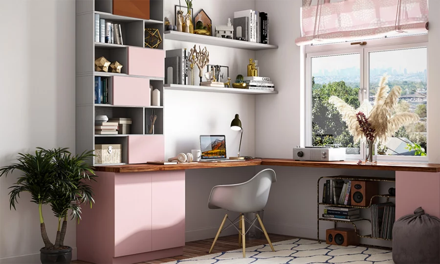 Кабинет для девочек-подростков, оформленный в розовых тонах, и Г-образный письменный стол придают ему великолепный вид. Спокойный кабинет в пастельных тонах и деревянный пол.